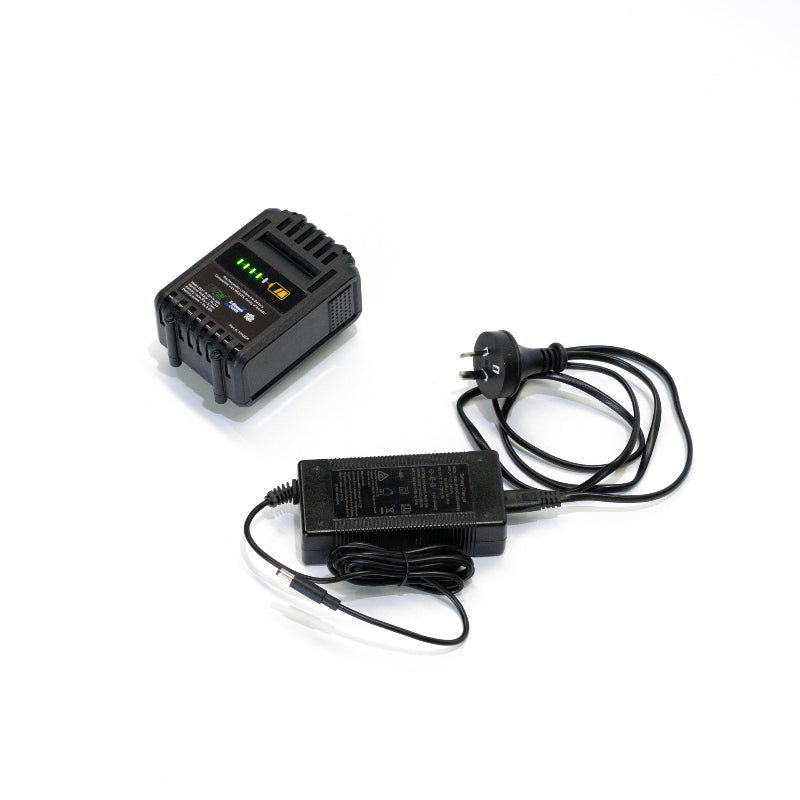 A clear top-down view of a FlowZone 18V 5.2Ah lithium-ion battery pack with illuminated LED charge indicators, placed next to its black charging adapter with a three-prong plug and coiled power cord, displayed neatly on a white background.