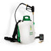 FlowZone MicroBurst battery-powered backpack sprayer with white tank, green top handle, adjustable spray wand, included lithium-ion battery, and multiple nozzle attachments displayed on a white background.