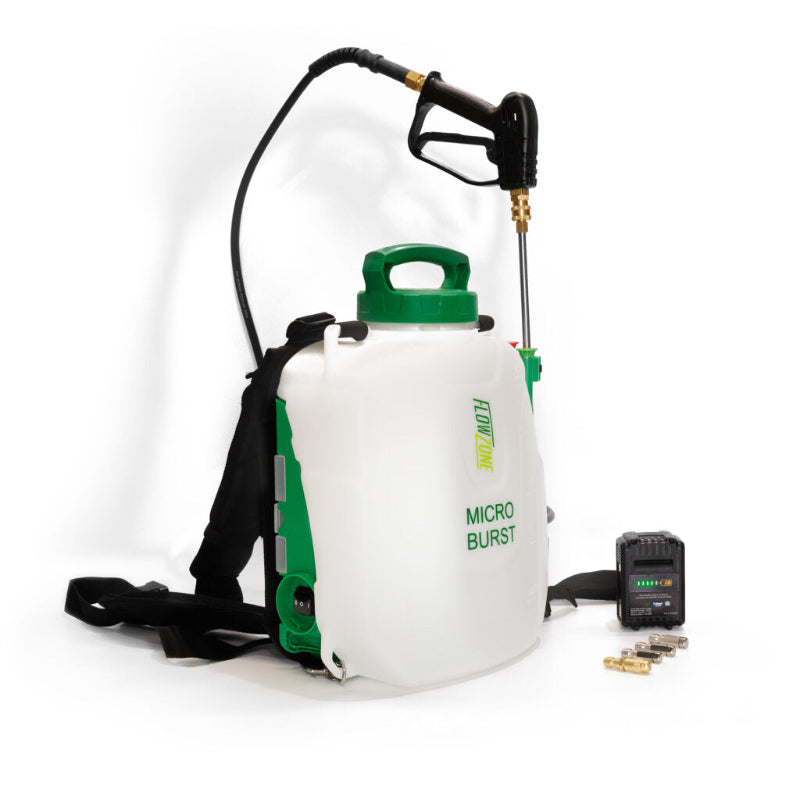 FlowZone MicroBurst battery-powered backpack sprayer with white tank, green top handle, adjustable spray wand, included lithium-ion battery, and multiple nozzle attachments displayed on a white background.