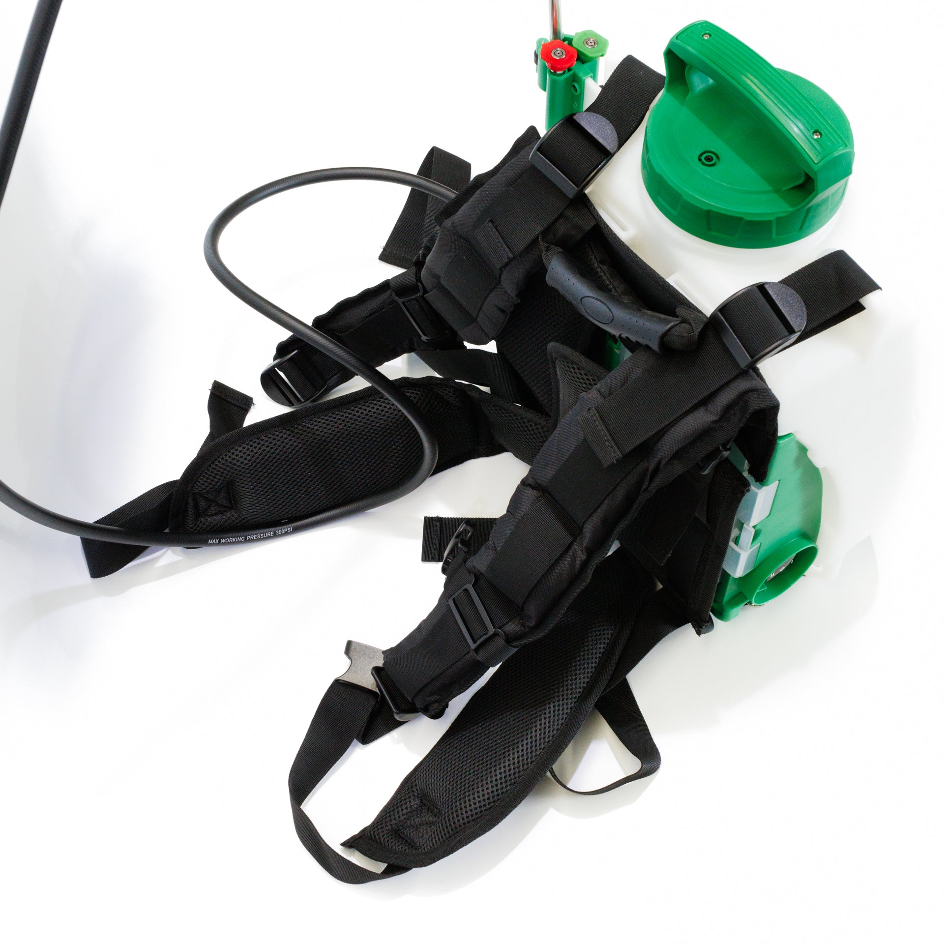 FlowZone MicroBurst battery-powered backpack sprayer showing padded adjustable shoulder straps, ergonomic harness system, and green tank lid, designed for comfortable spraying.