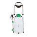 FlowZone Monsoon 2.5 battery-powered trolley sprayer with 34L white tank, green lid, sturdy handle, and attached spray wand, mounted on wheels for easy transport, photographed from the front view on a plain white background.