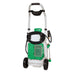 FlowZone Monsoon 2.5 battery-powered trolley sprayer with 34L white tank, green battery compartment, spray wand holder, and durable wheels, photographed from the rear view on a plain white background, designed for convenient large-scale spraying applications.