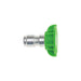 FlowZone green quick-connect spray nozzle with metal fitting and ribbed plastic grip, designed for adjustable spray patterns and easy attachment to sprayer wands, photographed from a side view on a plain white background.