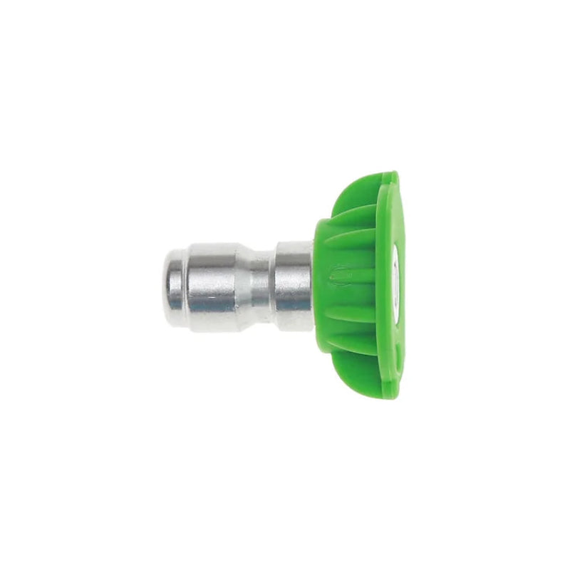 FlowZone green quick-connect spray nozzle with metal fitting and ribbed plastic grip, designed for adjustable spray patterns and easy attachment to sprayer wands, photographed from a side view on a plain white background.