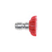 FlowZone red quick-connect spray nozzle with durable metal fitting and ribbed plastic grip, designed for controlled spray patterns and easy attachment to sprayer wands, photographed from a side view on a plain white background.