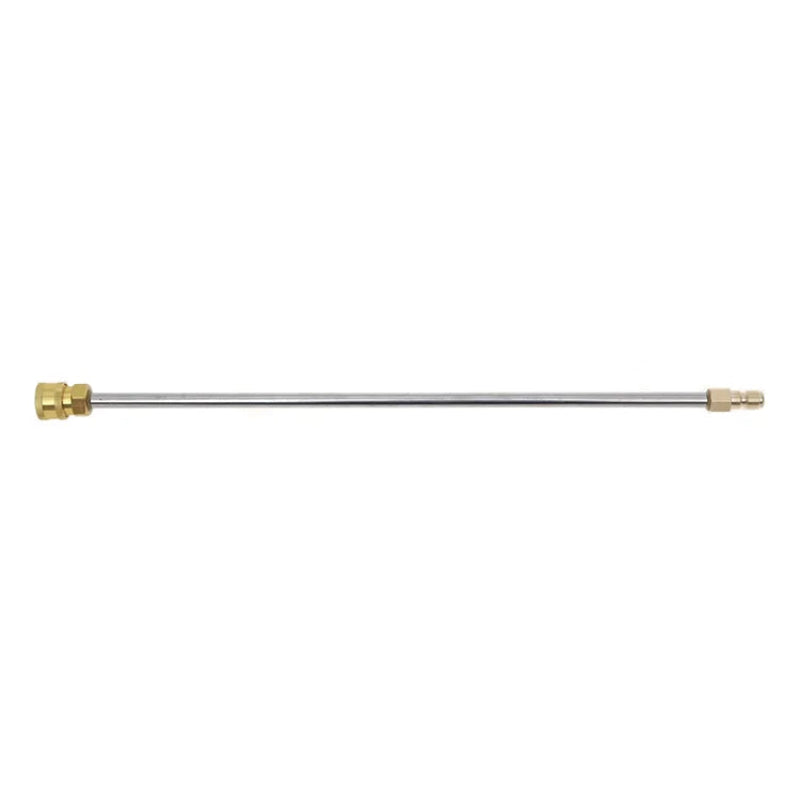 Straight-on view of a FlowZone stainless steel spray wand with brass fittings on both ends, photographed on a plain white background. This durable extension wand is designed to attach to FlowZone sprayers, enabling extended reach and precise spraying performance.