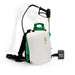 Front angled view of FlowZone 2.5 Storm 10L battery backpack sprayer, featuring a white tank with green cap, black padded shoulder straps, spray wand with trigger gun, and included battery pack displayed on a white background for clear presentation.