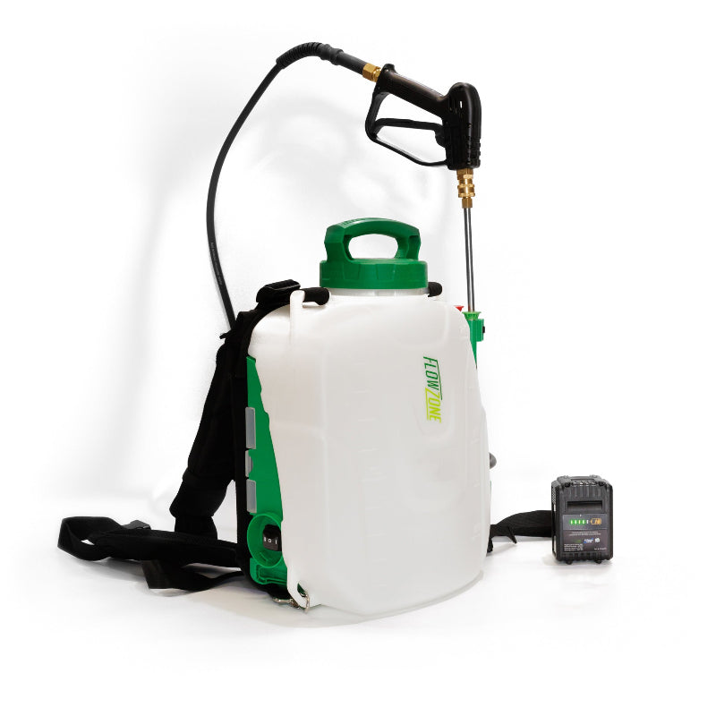 Front angled view of FlowZone 2.5 Storm 10L battery backpack sprayer, featuring a white tank with green cap, black padded shoulder straps, spray wand with trigger gun, and included battery pack displayed on a white background for clear presentation.