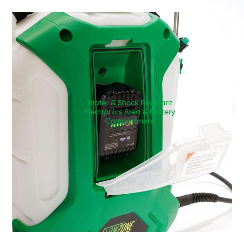 The image displays a close-up view of the battery and electronics compartment of a FlowZone backpack sprayer.