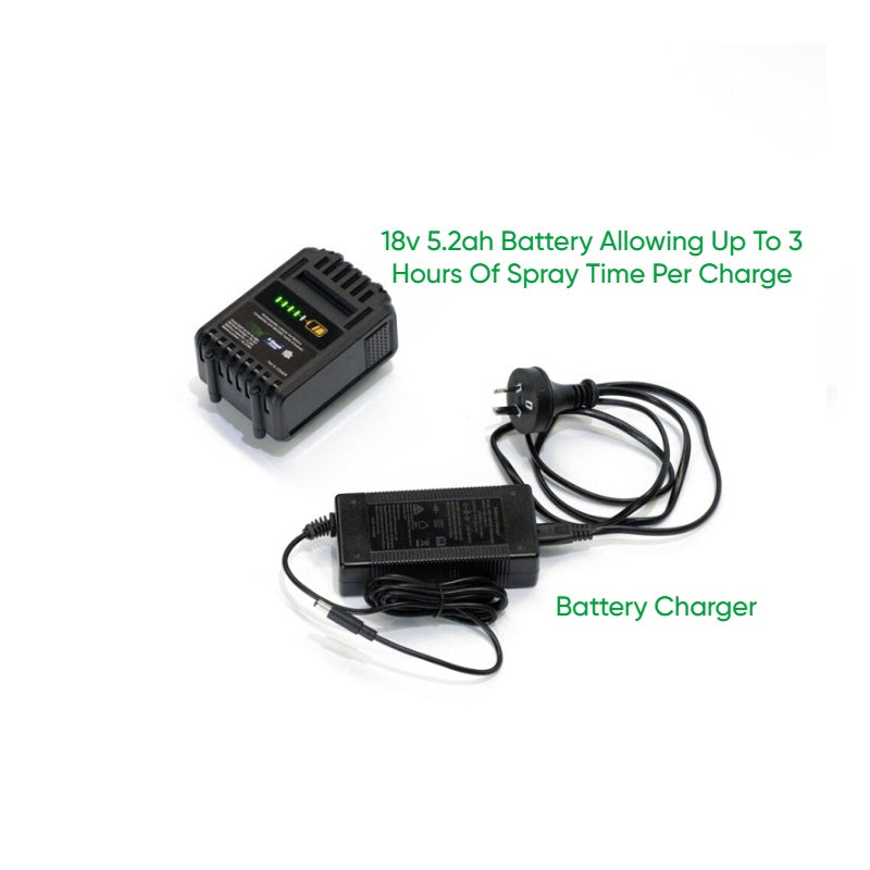 he image displays an 18V 5.2Ah FlowZone Lithium-Ion Battery Pack and its compatible Battery Charger. 