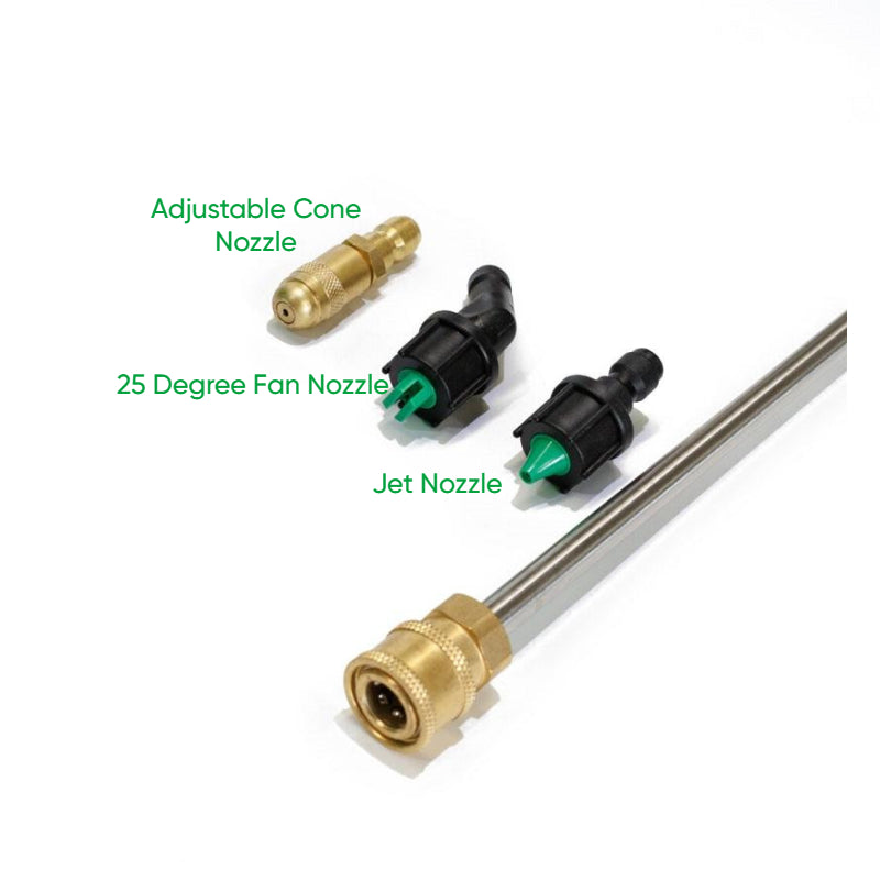 The image displays various quick-connect nozzles and a wand component, typically associated with a FlowZone Typhoon Battery Backpack Sprayer or similar high-pressure sprayer system. 