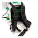 The image displays the back of a FlowZone battery-powered backpack sprayer, emphasizing its ergonomic features designed for user comfort during operation.