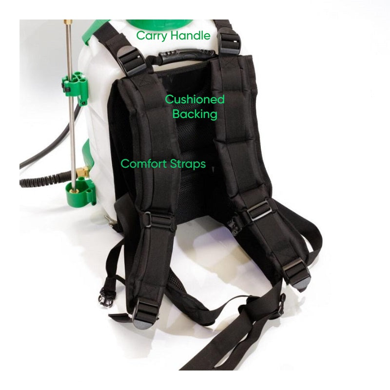 The image displays the back of a FlowZone battery-powered backpack sprayer, emphasizing its ergonomic features designed for user comfort during operation.