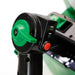 Close-up of FlowZone Vortex 10L backpack mister control handle, showing green adjustment dial, red power button, and indicator panel with battery and airflow icons, designed for easy operation and spray control.