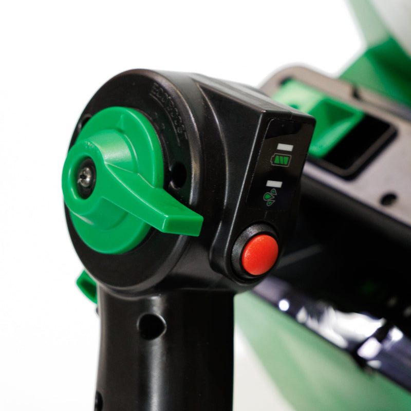 Close-up of FlowZone Vortex 10L backpack mister control handle, showing green adjustment dial, red power button, and indicator panel with battery and airflow icons, designed for easy operation and spray control.