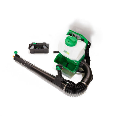 FlowZone Vortex 10L backpack mister with white and green tank, flexible black spraying hose, and detachable battery pack placed separately, displayed on a plain white background with open storage compartment visible.