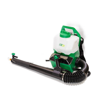 FlowZone Vortex 10L backpack mister with white and green tank, black padded straps, and long flexible black spraying hose, designed for efficient misting of large outdoor areas, photographed against a plain white background.