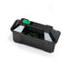 FlowZone Vortex 40V lithium-ion battery pack shown close-up on a white background, featuring black rectangular casing with green release button and LED charge indicator lights displaying battery level.