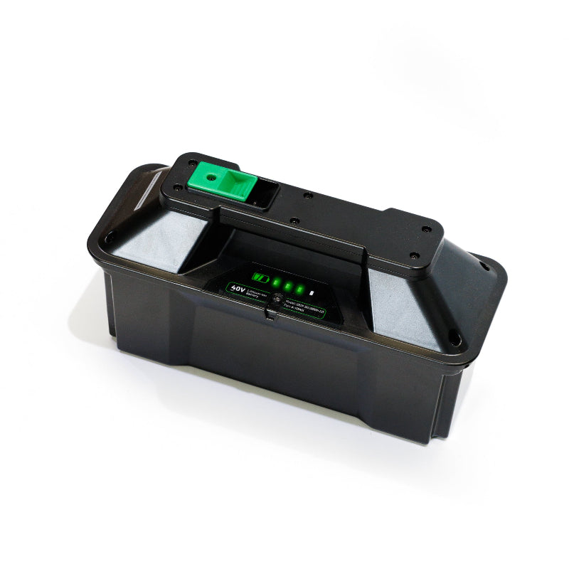 FlowZone Vortex 40V lithium-ion battery pack shown close-up on a white background, featuring black rectangular casing with green release button and LED charge indicator lights displaying battery level.