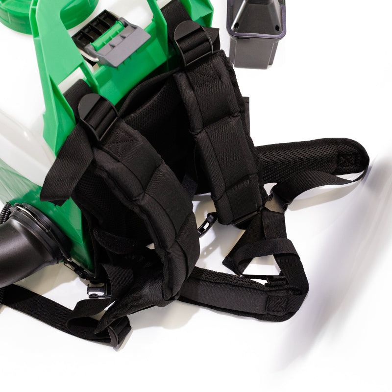 Close-up of FlowZone Vortex 10L Backpack Mister padded shoulder straps in black, featuring adjustable buckles and breathable mesh design for user comfort, attached to the green and white sprayer body.