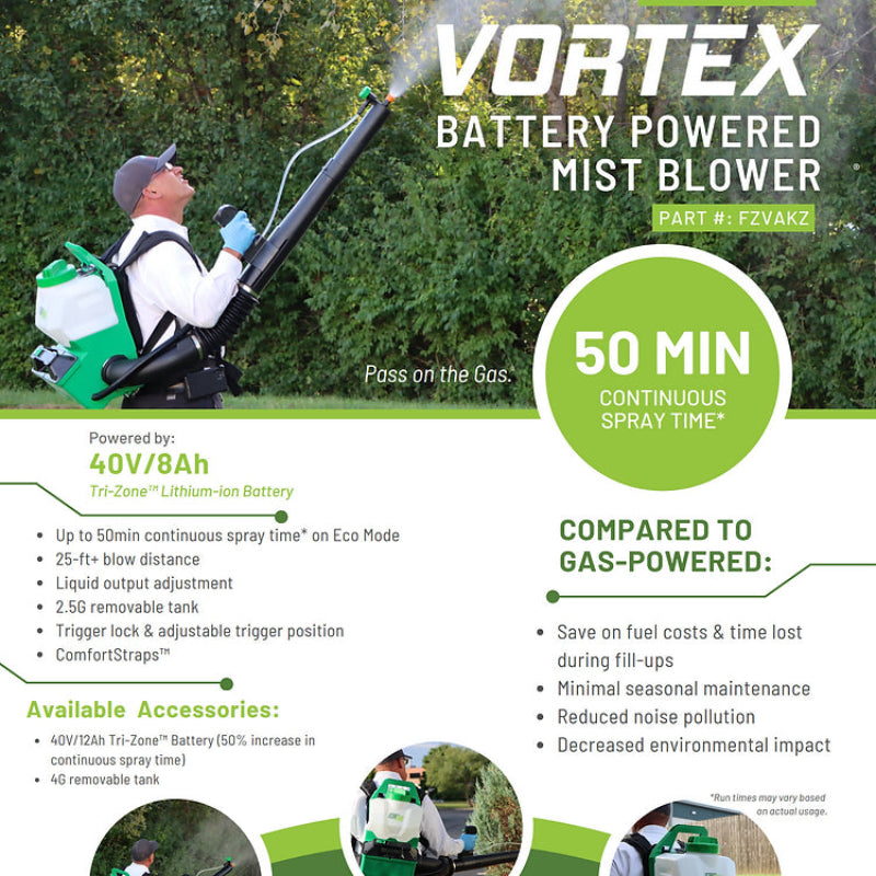 FlowZone Vortex 40V 8Ah battery powered mist blower information sheet highlighting 50 minutes spray time, eco-friendly design, and benefits compared to gas-powered blowers.