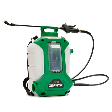 FlowZone Zephyr 3 battery-powered 15L backpack sprayer shown at a front angle. The sprayer features a white tank with green casing, padded straps, transparent battery compartment, long spray wand with trigger handle, and durable hose for professional spraying applications.