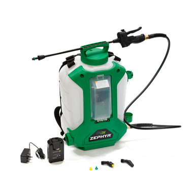 FlowZone Zephyr 3 battery-powered 15L backpack sprayer displayed with full accessories. Image shows white tank with green housing, transparent battery compartment, long spray wand, charger, lithium battery pack, and multiple spray nozzles neatly arranged in front for clear product view.