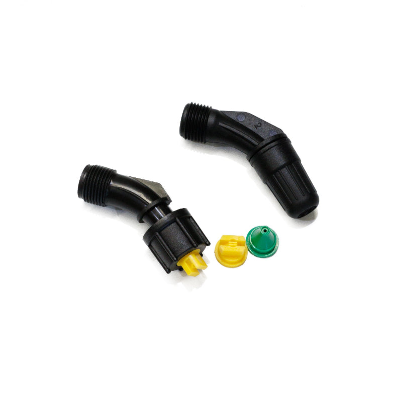 Close-up of FlowZone Zephyr 3 spray nozzles and attachments, including two black angled nozzle connectors, one fitted with a yellow insert, alongside separate green and yellow nozzle tips. Components are displayed on a white background, showing durability and versatile spray options.
