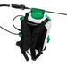 Rear angled view of FlowZone Zephyr 3 battery-powered 15L backpack sprayer showing padded shoulder straps, back support padding, green top lid, and mounted black spray wand with hose connection. Designed for comfort and durability in extended spraying tasks.