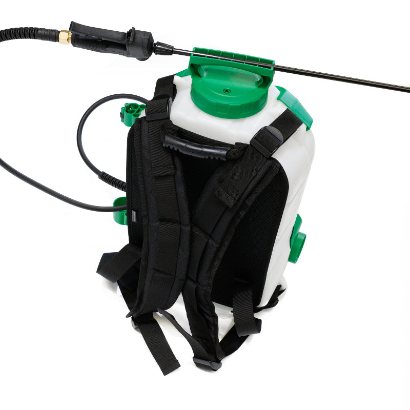 Rear angled view of FlowZone Zephyr 3 battery-powered 15L backpack sprayer showing padded shoulder straps, back support padding, green top lid, and mounted black spray wand with hose connection. Designed for comfort and durability in extended spraying tasks.