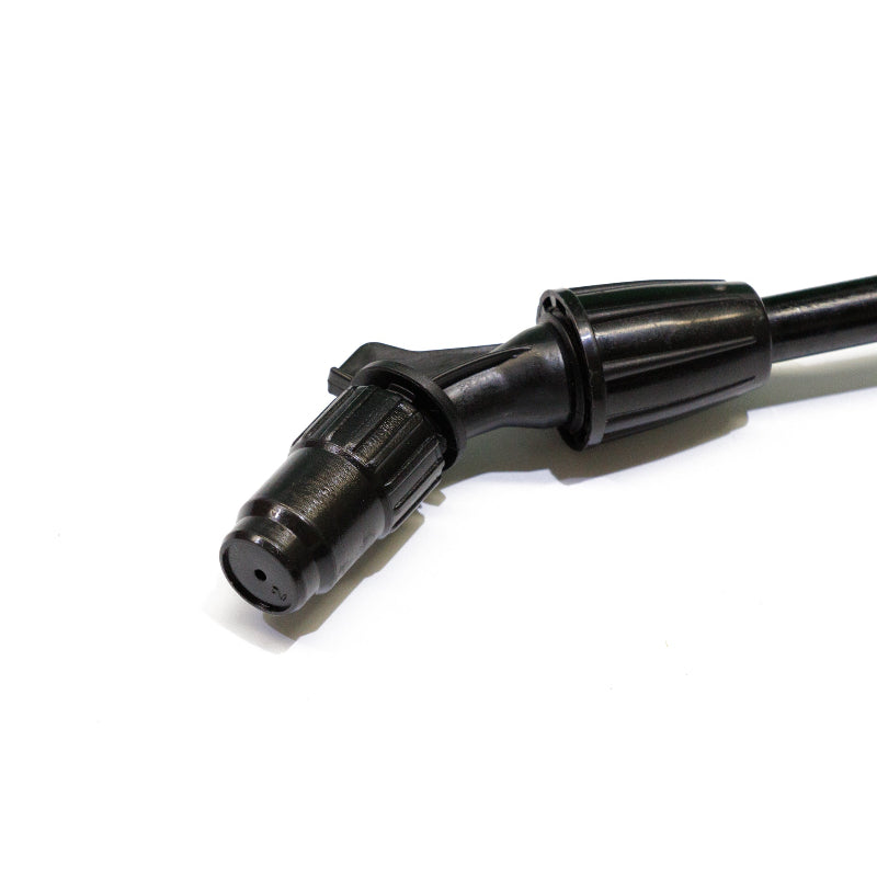 Close-up view of the FlowZone Zephyr 3 sprayer nozzle attachment, showing the black adjustable spray tip connected to the wand. The nozzle has a ridged grip for adjustments, designed for precise liquid application, photographed on a clean white background.