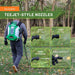 Image showing FlowZone Zephyr backpack sprayer in use, with highlighted TeeJet-style nozzles included: 8002 80° fan, 4502 45° fan, 0005 pin stream, and adjustable cone. The chart displays nozzle types with visuals of their spray patterns.