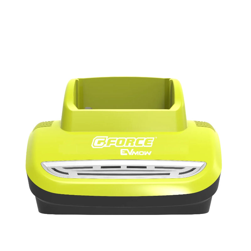 G-Force 60V 5A battery charger with compact housing and charging slot, used to recharge 60V lithium batteries for cordless garden tools, ensuring reliable power for mowing, trimming, and blowing.