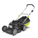 G-Force 149cc 18-inch hand push petrol lawn mower with a durable steel deck, ergonomic handle, and rear grass catcher. Features a compact black and lime green design ideal for small to medium-sized lawns.