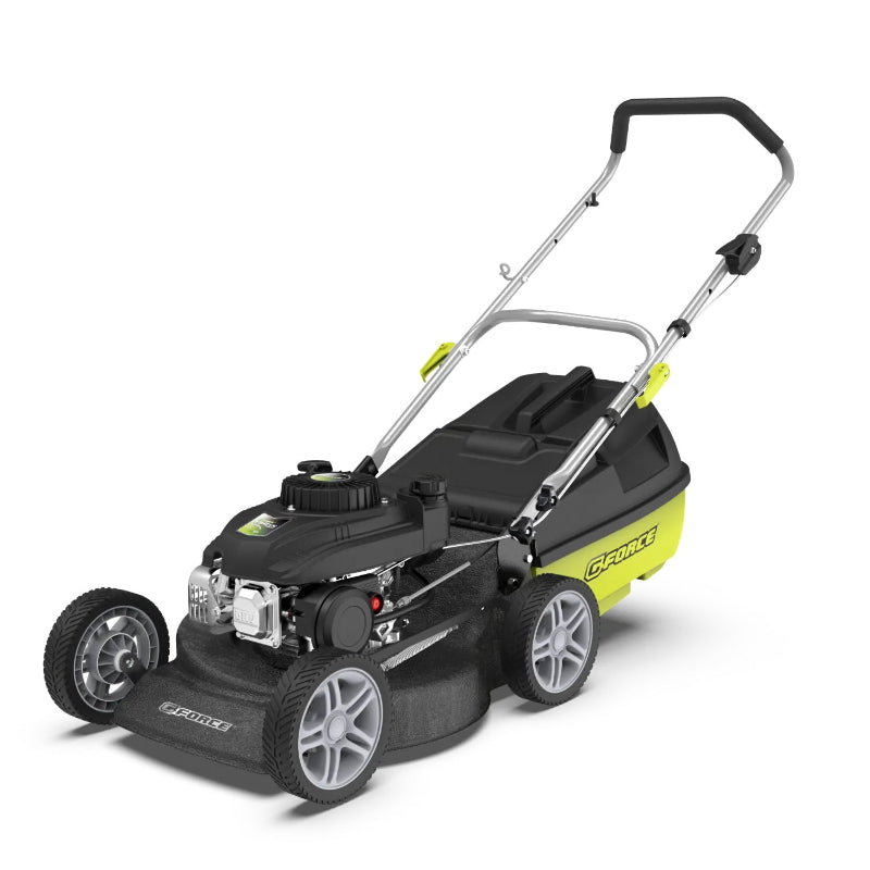 G-Force 149cc 18-inch hand push petrol lawn mower with a durable steel deck, ergonomic handle, and rear grass catcher. Features a compact black and lime green design ideal for small to medium-sized lawns.