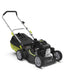 G-Force 196cc 18-inch hand push petrol lawn mower with black and lime green design, ergonomic steel handle, large rear grass catcher, and durable wheels. Ideal for efficient lawn cutting and maintenance in residential gardens.