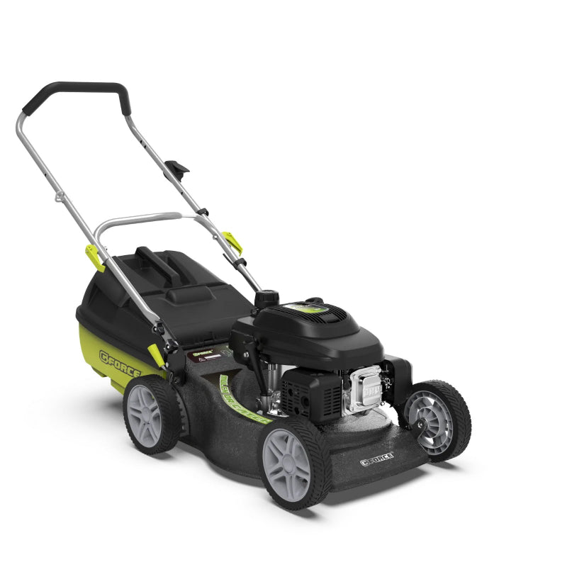 G-Force 196cc 18-inch hand push petrol lawn mower with black and lime green design, ergonomic steel handle, large rear grass catcher, and durable wheels. Ideal for efficient lawn cutting and maintenance in residential gardens.
