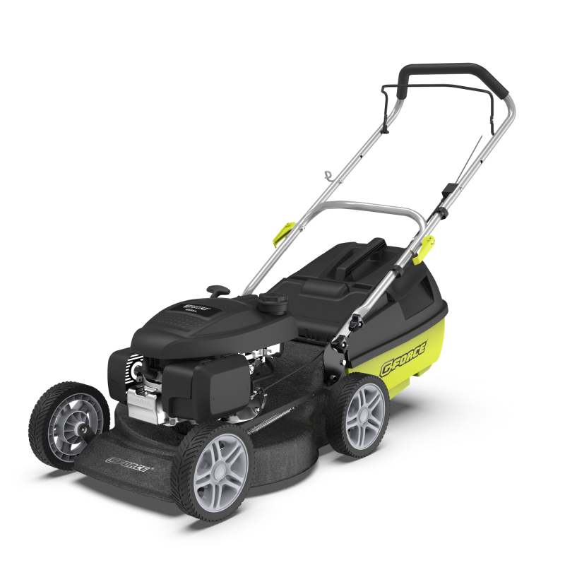 G-Force 201cc 18-inch petrol lawn mower featuring a sleek black and lime green design, ergonomic handle, large rear catcher, and durable wheels for efficient mowing of residential gardens and medium-sized lawns.