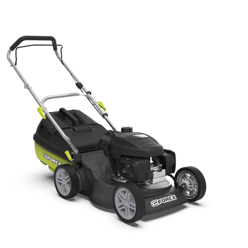 G-Force 201cc 18-inch hand push petrol lawn mower with a black and lime green body, durable wheels, and ergonomic handle. Designed for efficient, precise mowing of small to medium lawns with powerful cutting performance.