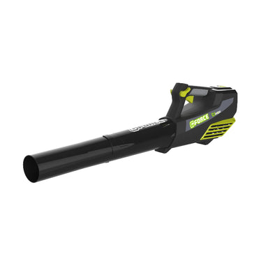G-Force 60V brushless garden blower with handheld design and long nozzle, used to clear leaves, grass clippings, and debris from lawns, paths, and driveways efficiently.