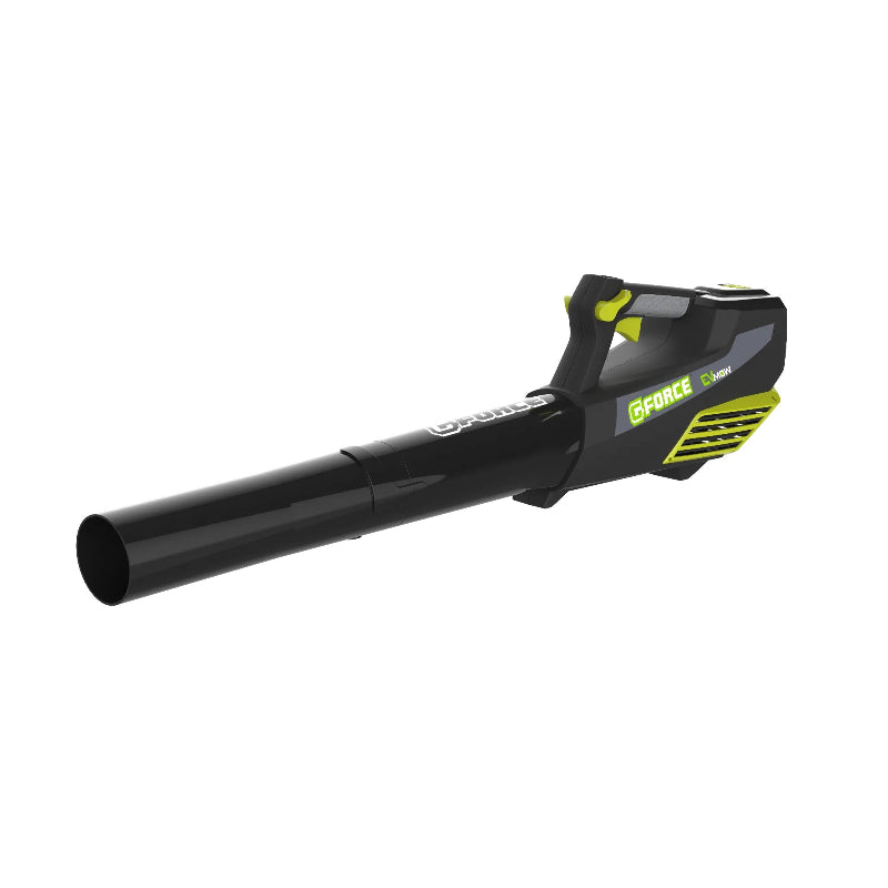 G-Force 60V brushless garden blower with handheld design and long nozzle, used to clear leaves, grass clippings, and debris from lawns, paths, and driveways efficiently.