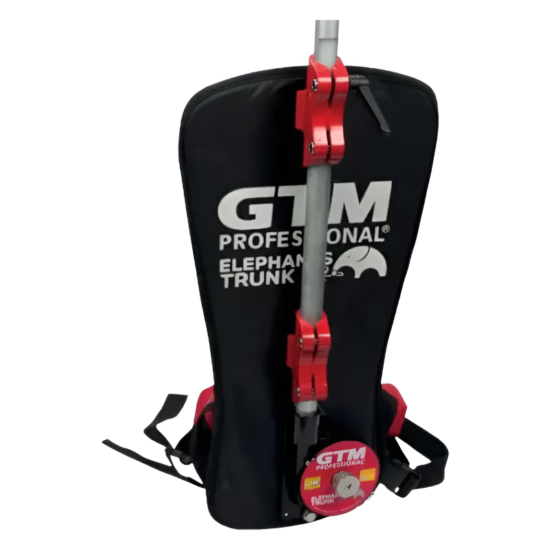 Crommelins GTM Professional Elephant’s Trunk 2 harness with black padded back panel, bold white branding, and mounted red support brackets holding an overhead arm, photographed from the rear view on a plain white background for professional tool-carrying applications.