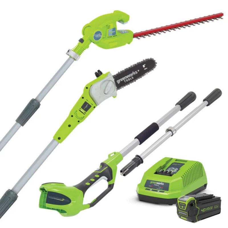 The Greenworks 40V 2-in-1 Pole Saw and Hedge Trimmer Kit includes interchangeable pole attachments, a hedge trimmer head, chainsaw head, 40V lithium battery, and charger. Displayed on a clean white background showing the complete cordless garden tool set.