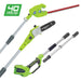 Greenworks 40V 2-in-1 Pole Saw and Hedge Trimmer set displayed on a white background with detachable aluminum poles, green power head, red trimming blade, and black chainsaw bar. Includes a green “40 Volt Lithium Max” badge in the top corner.