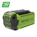 Greenworks 40V 2.0Ah Lithium-Ion battery, which is predominantly green and black in color. 