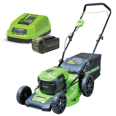 Greenworks 40V 46cm Push Mower Kit displayed on a white background with a green and black mower, matching 40V lithium battery, and charger. Features durable wheels, ergonomic handle, and grass catcher, highlighting the cordless efficiency of this lawn care set.