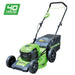 Greenworks 46cm Push Mower shown on a white background with a bright green deck, black wheels, and grass catcher. Features a 40V lithium battery system, ergonomic handle, and a “40 Volt Lithium Max” badge highlighting its cordless electric performance.