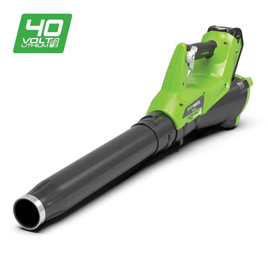 Greenworks 40V Blower cordless unit shown at low front angle with long black nozzle, bright green body, trigger handle, and rear battery pack. Pictured on a clean white background with a green “40 Volt Lithium” badge in the corner.