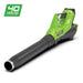 Greenworks 40V Blower cordless unit shown at low front angle with long black nozzle, bright green body, trigger handle, and rear battery pack. Pictured on a clean white background with a green “40 Volt Lithium” badge in the corner.