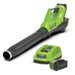 The Greenworks 40V Blower Kit includes a cordless green and black blower, matching lithium battery, and fast charger. Displayed on a clean white background, showing the powerful 40V MAX design ideal for efficient outdoor leaf and debris clearing.